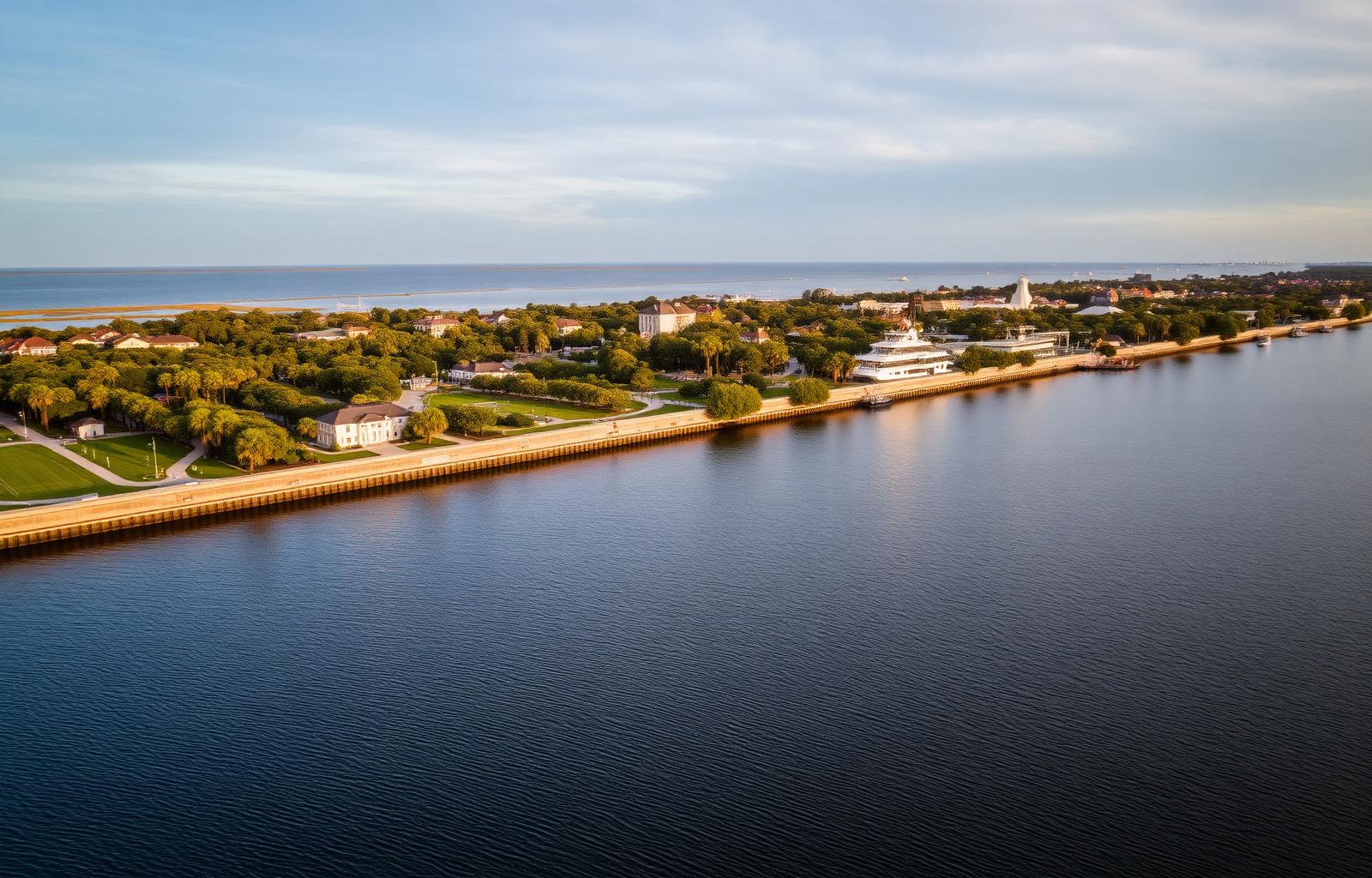 Aerial view of Charleston's Battery and waterfront